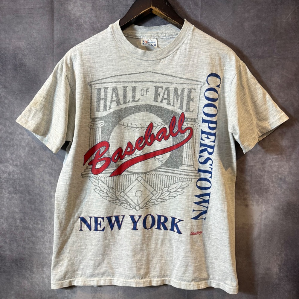 Vintage Hanes Beefy-T Baseball Hall of Fame Cooperstown NY T-Shirt Gray Large